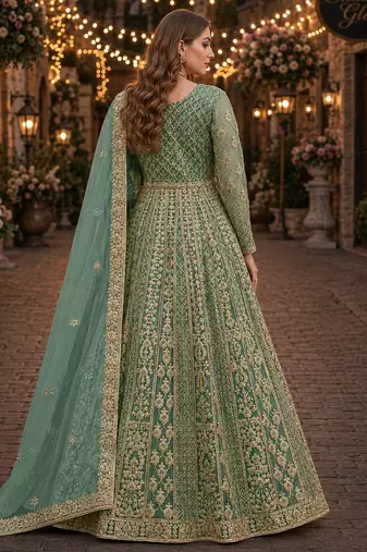Green embroidered net semi stitched anarkali suit