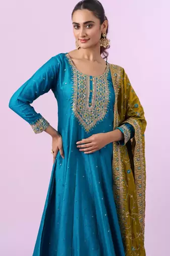 Dark-teal silk blend embroidered kurta set