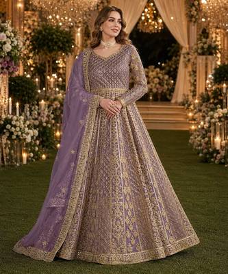 Purple embroidered net semi stitched anarkali suit 1