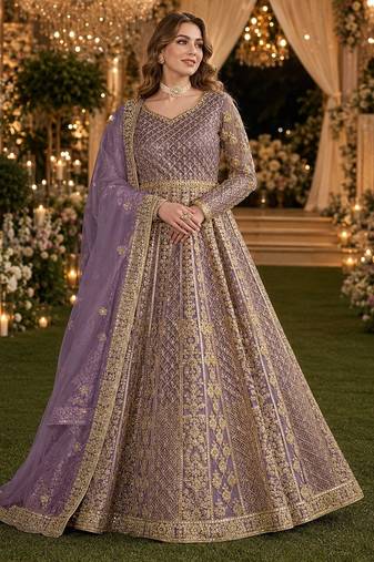 Purple embroidered net semi stitched anarkali suit