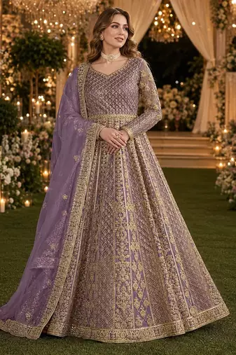 Purple embroidered net semi stitched anarkali suit