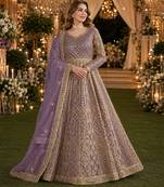 Purple embroidered net semi stitched anarkali suit