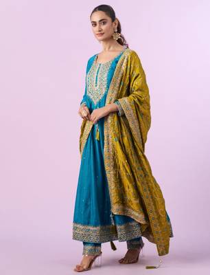 Dark-teal silk blend embroidered kurta set 3