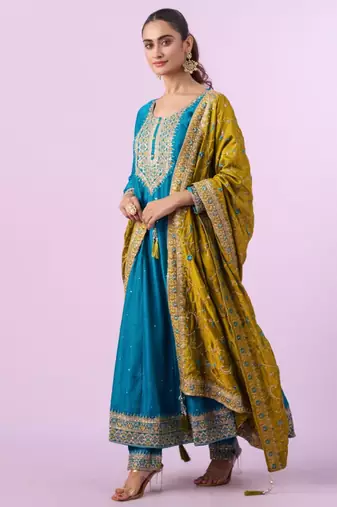 Dark-teal silk blend embroidered kurta set