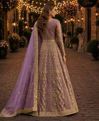 Purple embroidered net semi stitched anarkali suit 2