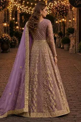 Purple embroidered net semi stitched anarkali suit
