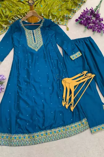 Dark-teal silk blend embroidered kurta set