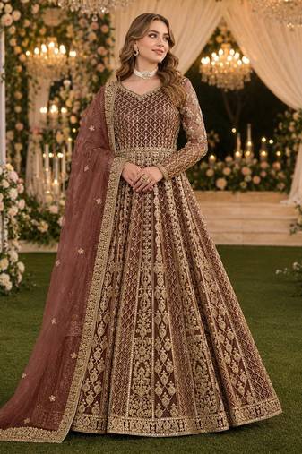 Coffee embroidered net semi stitched anarkali suit