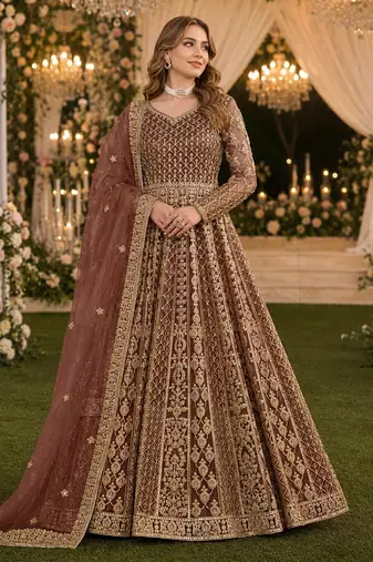 Coffee embroidered net semi stitched anarkali suit