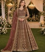 Coffee embroidered net semi stitched anarkali suit