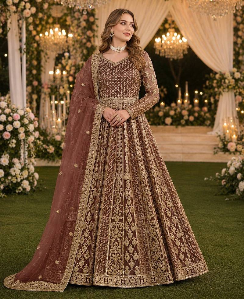 Coffee embroidered net semi stitched anarkali suit