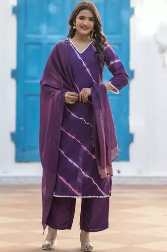 Women Dyed Regular Kurta with Palazzos & With Dupatta
