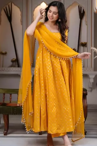 Yellow silk blend lace kurta set