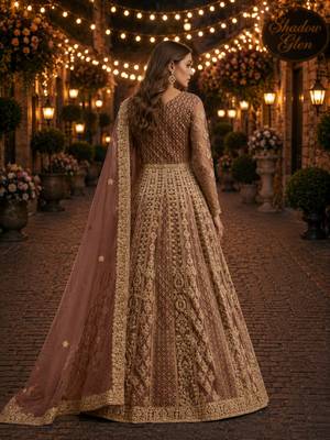 Coffee embroidered net semi stitched anarkali suit 2