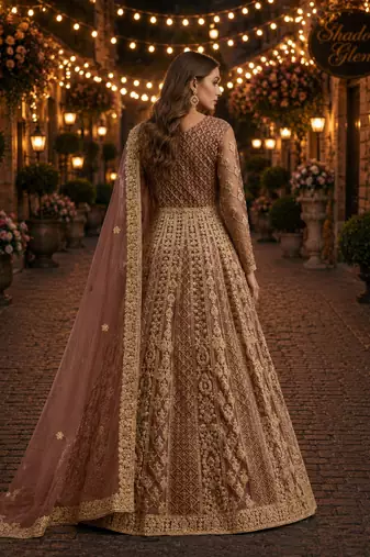 Coffee embroidered net semi stitched anarkali suit
