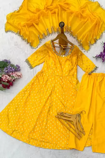 Yellow silk blend lace kurta set