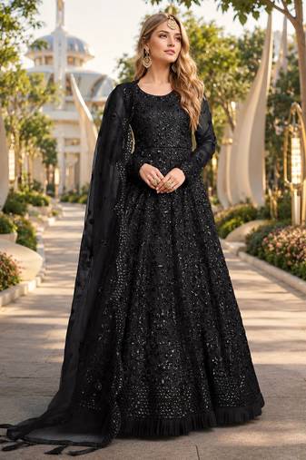 Black embroidered net semi stitched anarkali suit