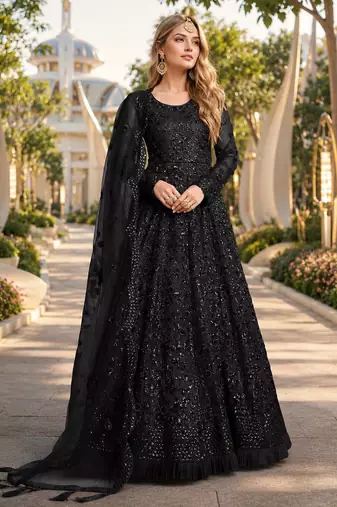 Black embroidered net semi stitched anarkali suit