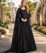 Black embroidered net semi stitched anarkali suit