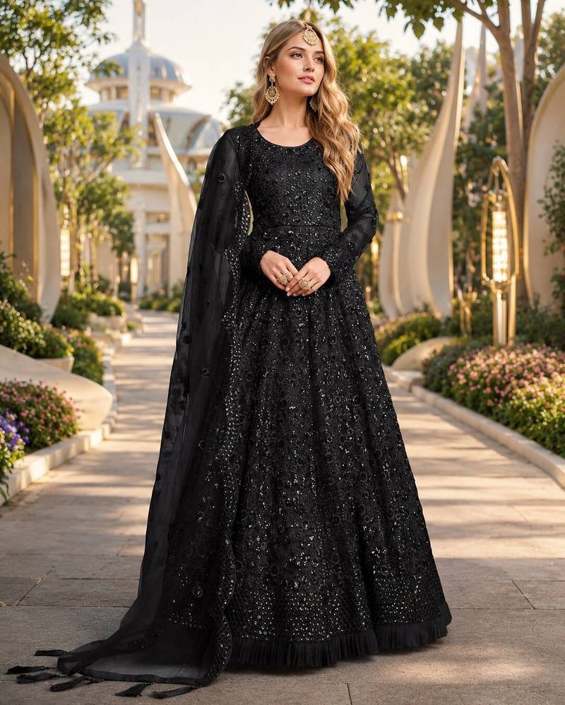 Black embroidered net semi stitched anarkali suit