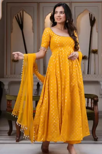 Yellow silk blend lace kurta set