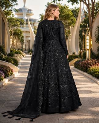 Black embroidered net semi stitched anarkali suit 2
