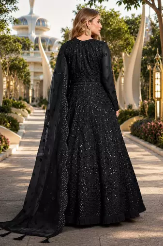 Black embroidered net semi stitched anarkali suit