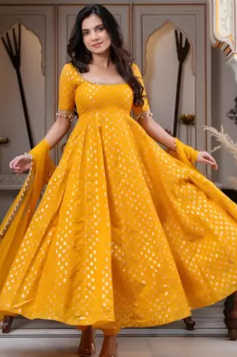 Yellow silk blend lace kurta set