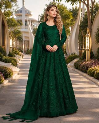 Green embroidered net semi stitched anarkali suit 1