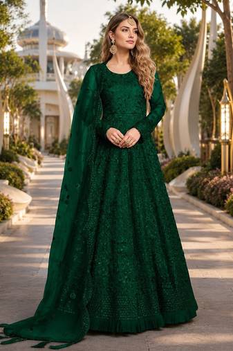 Green embroidered net semi stitched anarkali suit