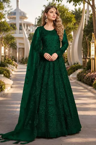 Green embroidered net semi stitched anarkali suit