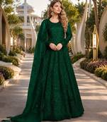 Green embroidered net semi stitched anarkali suit