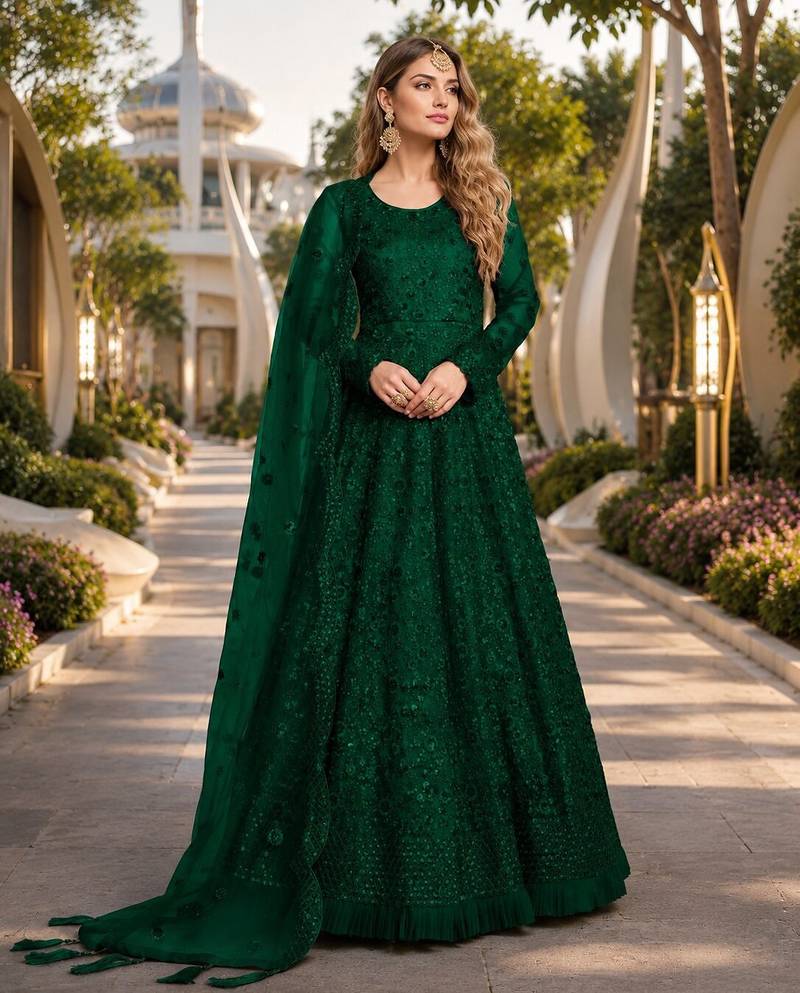 Green embroidered net semi stitched anarkali suit