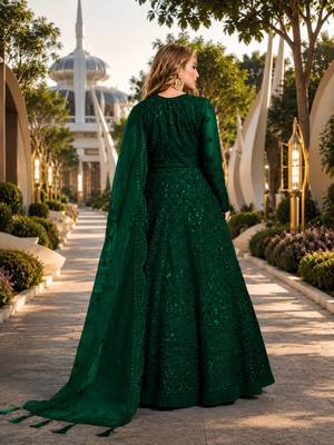 Green embroidered net semi stitched anarkali suit 2