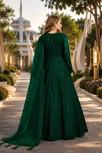 Green embroidered net semi stitched anarkali suit