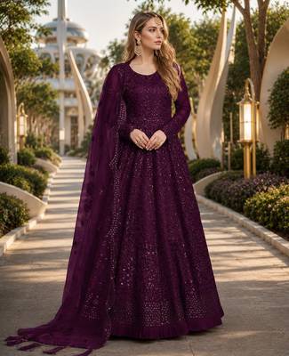 Purple embroidered net semi stitched anarkali suit 1