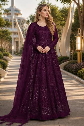 Purple embroidered net semi stitched anarkali suit