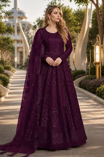 Purple embroidered net semi stitched anarkali suit
