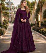 Purple embroidered net semi stitched anarkali suit