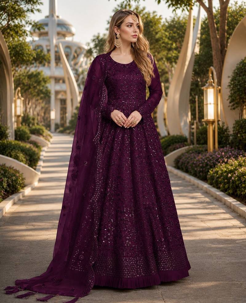 Purple embroidered net semi stitched anarkali suit