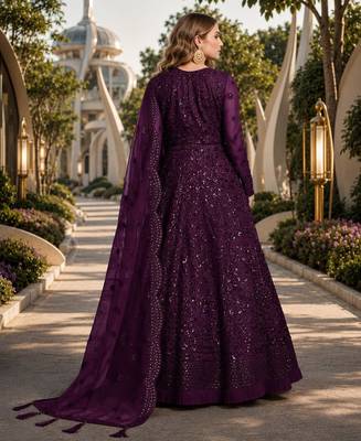 Purple embroidered net semi stitched anarkali suit 2