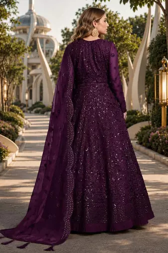 Purple embroidered net semi stitched anarkali suit