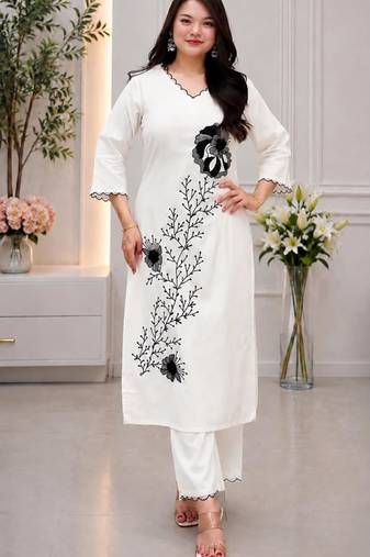 White rayon embroidered kurta set