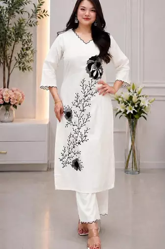 White rayon embroidered kurta set