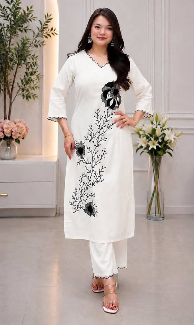 White rayon embroidered kurta set