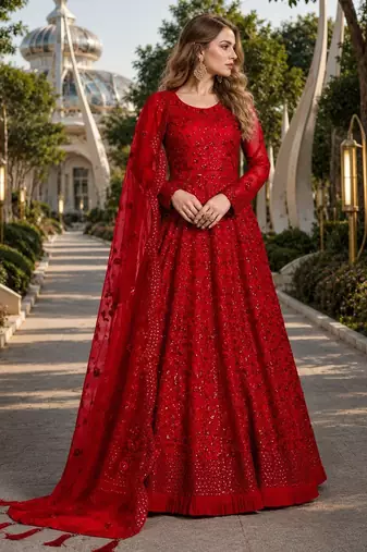 Red embroidered net semi stitched anarkali suit