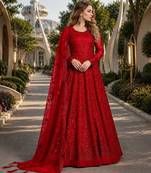 Red embroidered net semi stitched anarkali suit