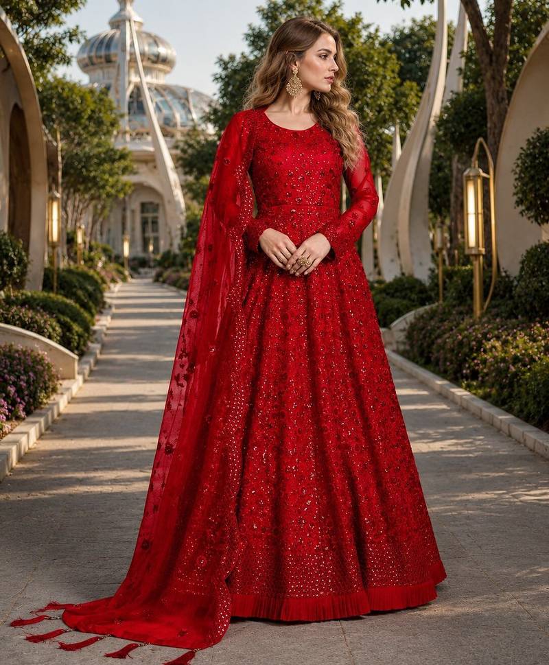 Red embroidered net semi stitched anarkali suit