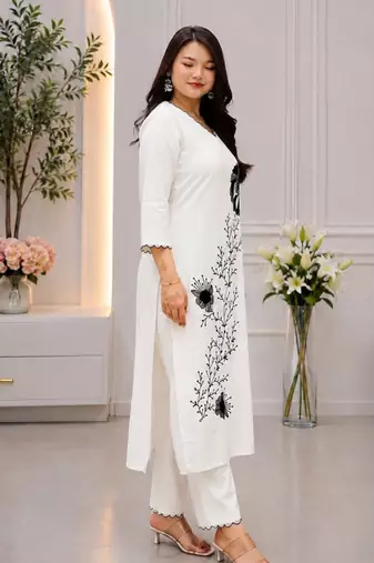 White rayon embroidered kurta set