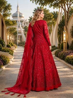 Red embroidered net semi stitched anarkali suit 2